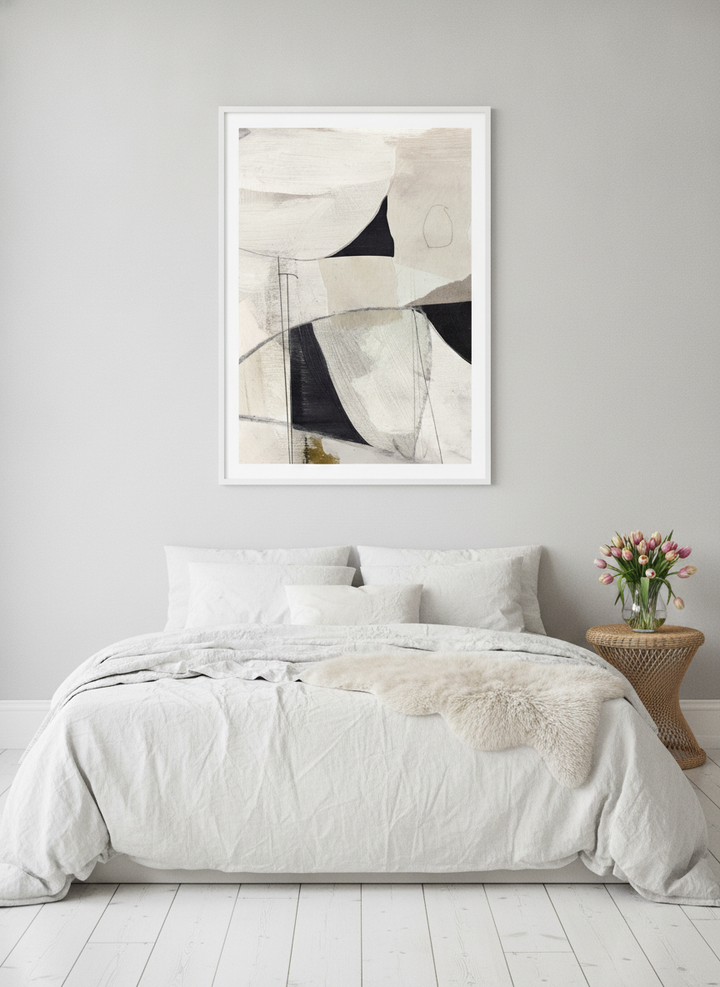 Modern wall art print styled on the wall in a bright Scandinavian bedroom