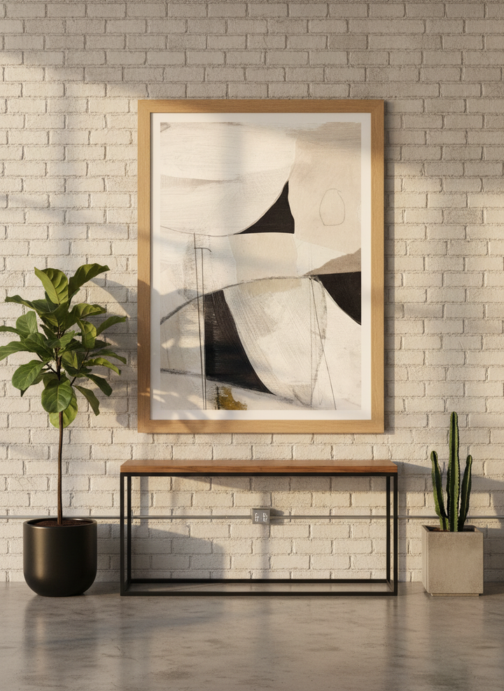 Modern wall art print styled on the wall in an industrial loft living room