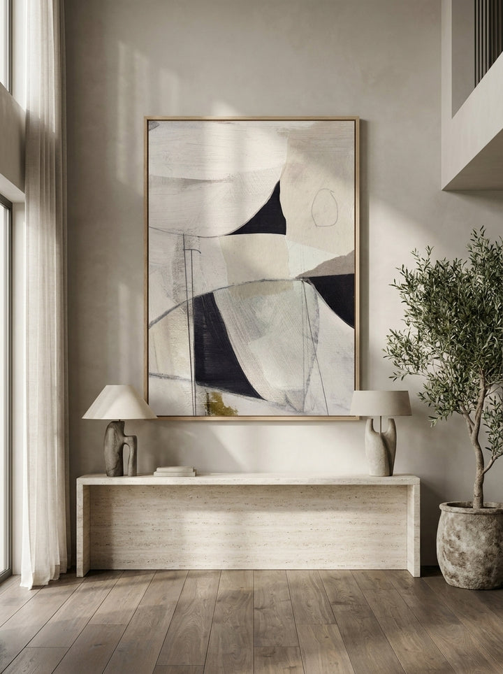 Oversized statement modern wall art print styled on the wall in a luxe living room