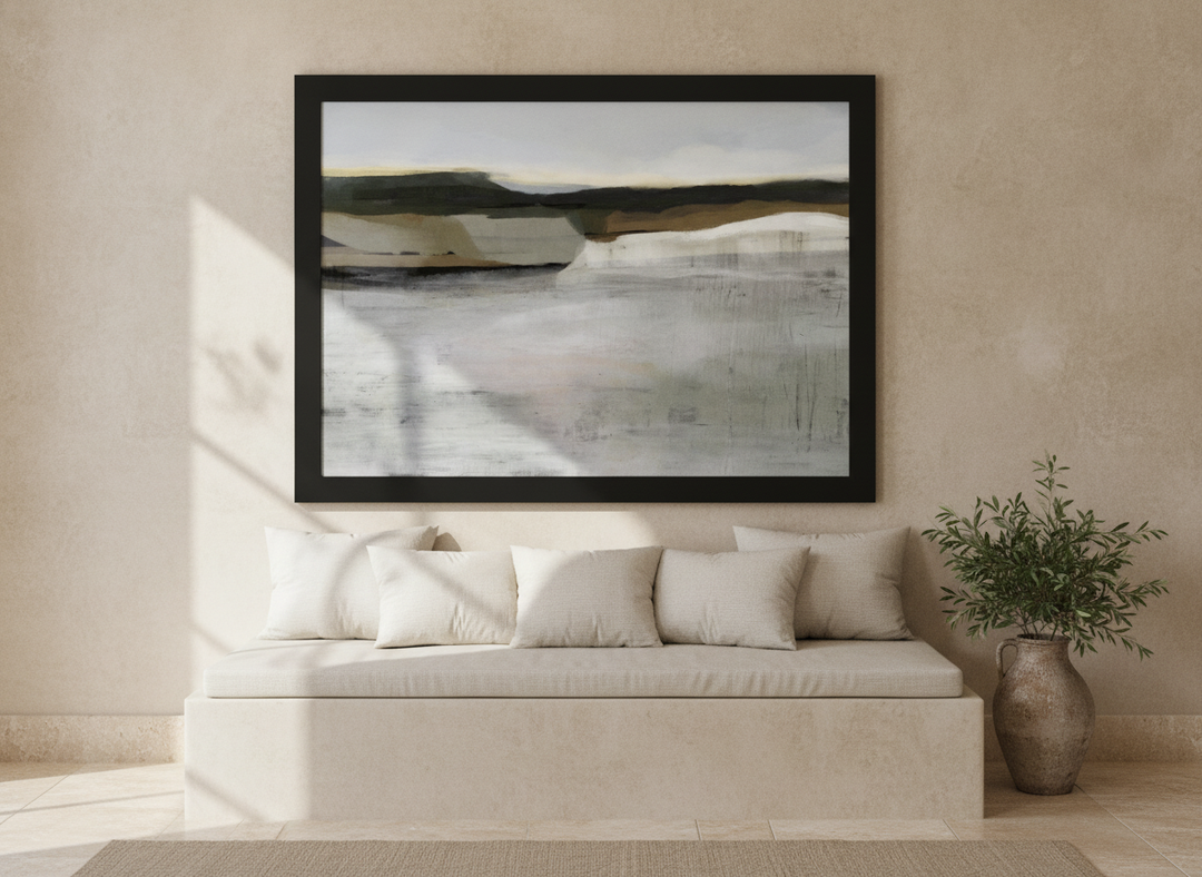 Modern wall art print styled on the wall in a Mediterranean living room