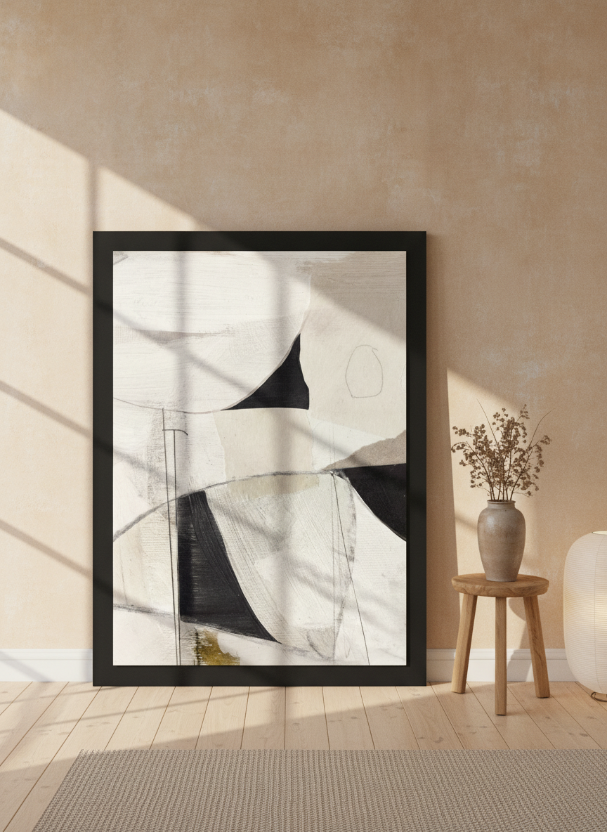 Oversized statement modern wall art print leaning against the wall in a warm Japandi home office