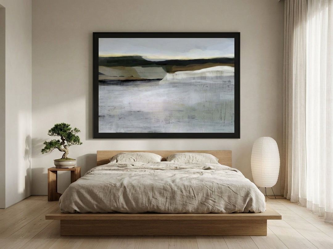 Oversized statement modern wall art print styled on the wall in a warm Japandi bedroom