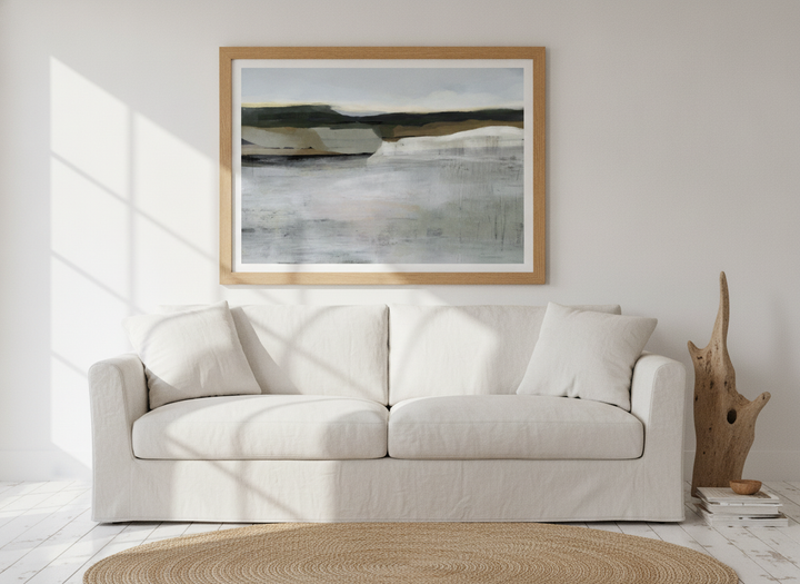Modern wall art print styled on the wall in a coastal living room