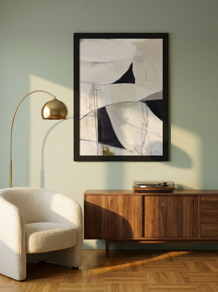 Modern wall art print styled on the wall in a mid-century living room