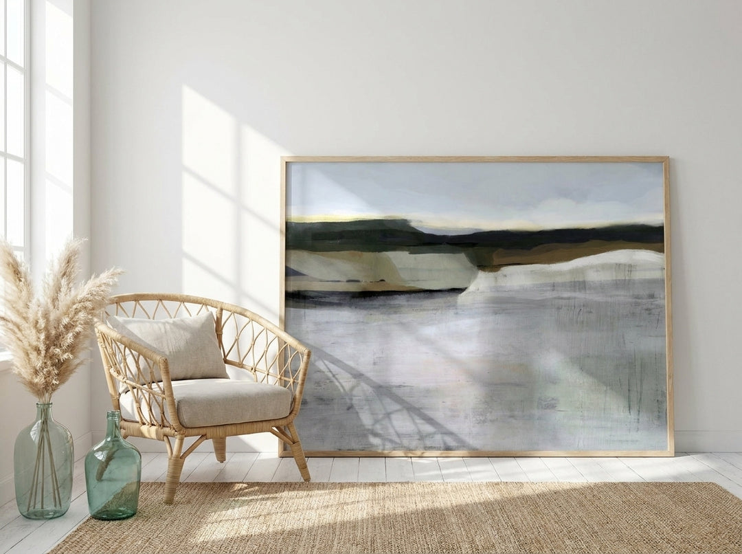 Oversized statement modern wall art print leaning against the wall in a coastal dining room