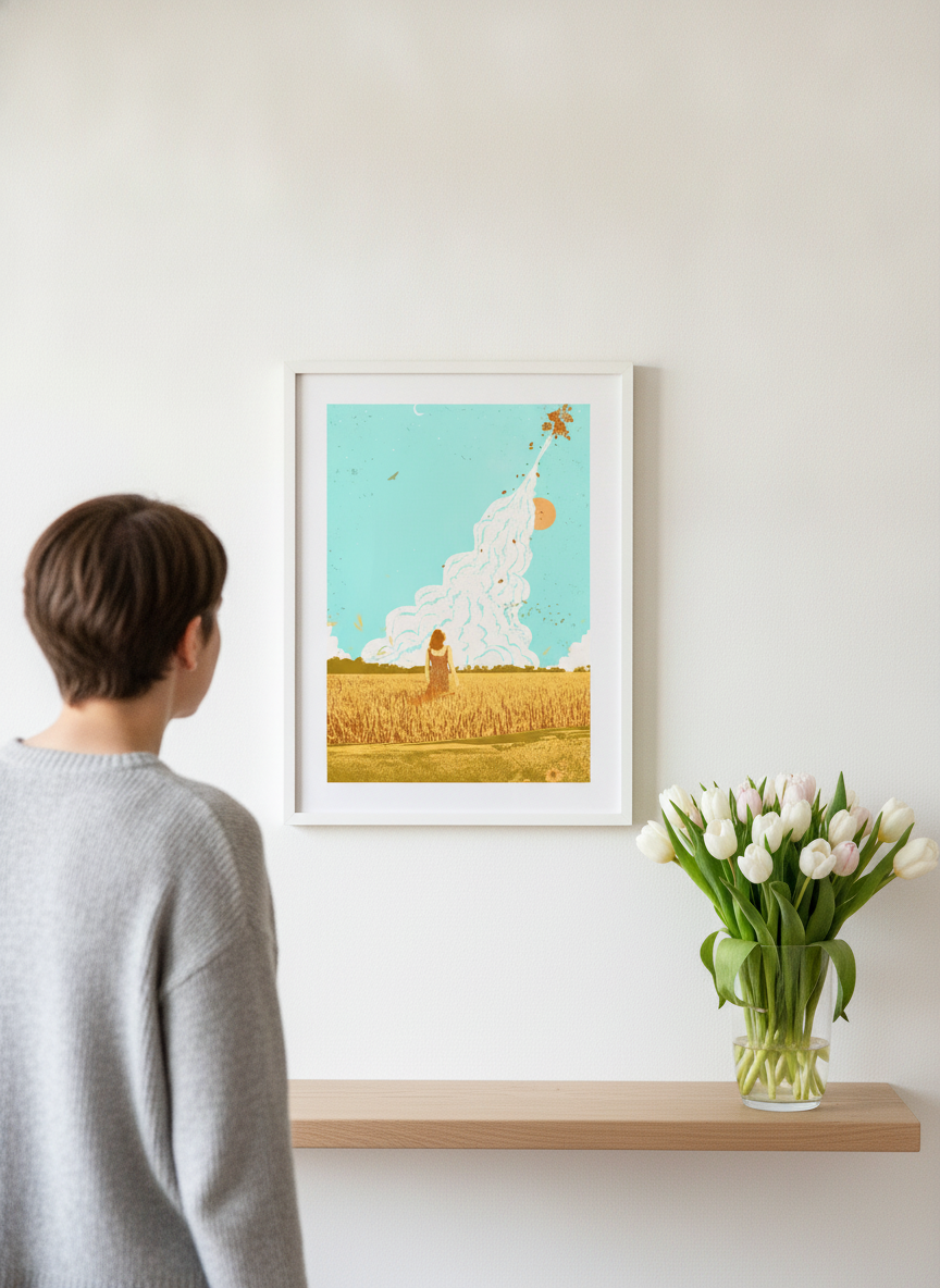 Person holding modern wall art print in a bright Scandinavian living room