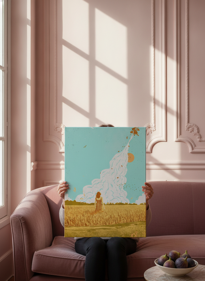 Person holding stretched canvas wall art in a Parisian living room