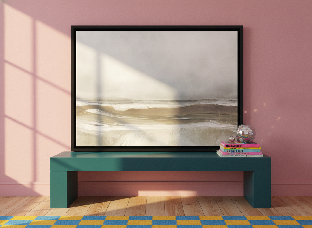 Canvas wall art with a black surround standing on a side table in a colourful eclectic home office