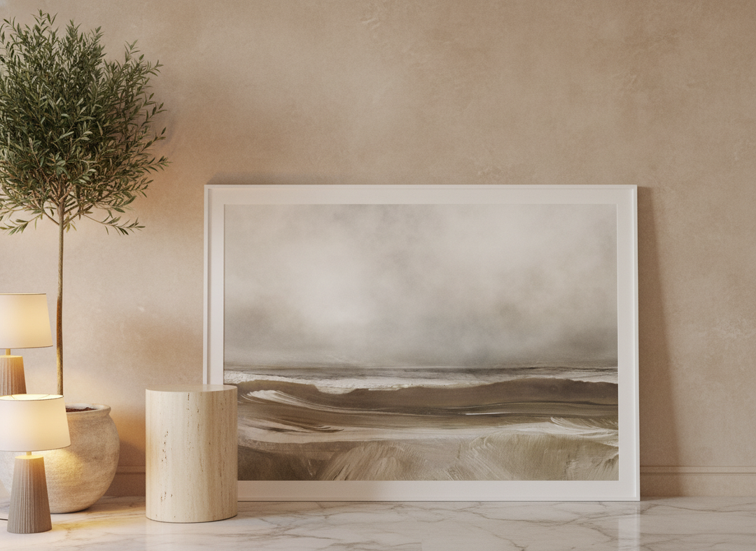 Modern wall art print leaning against the wall in a luxe living room