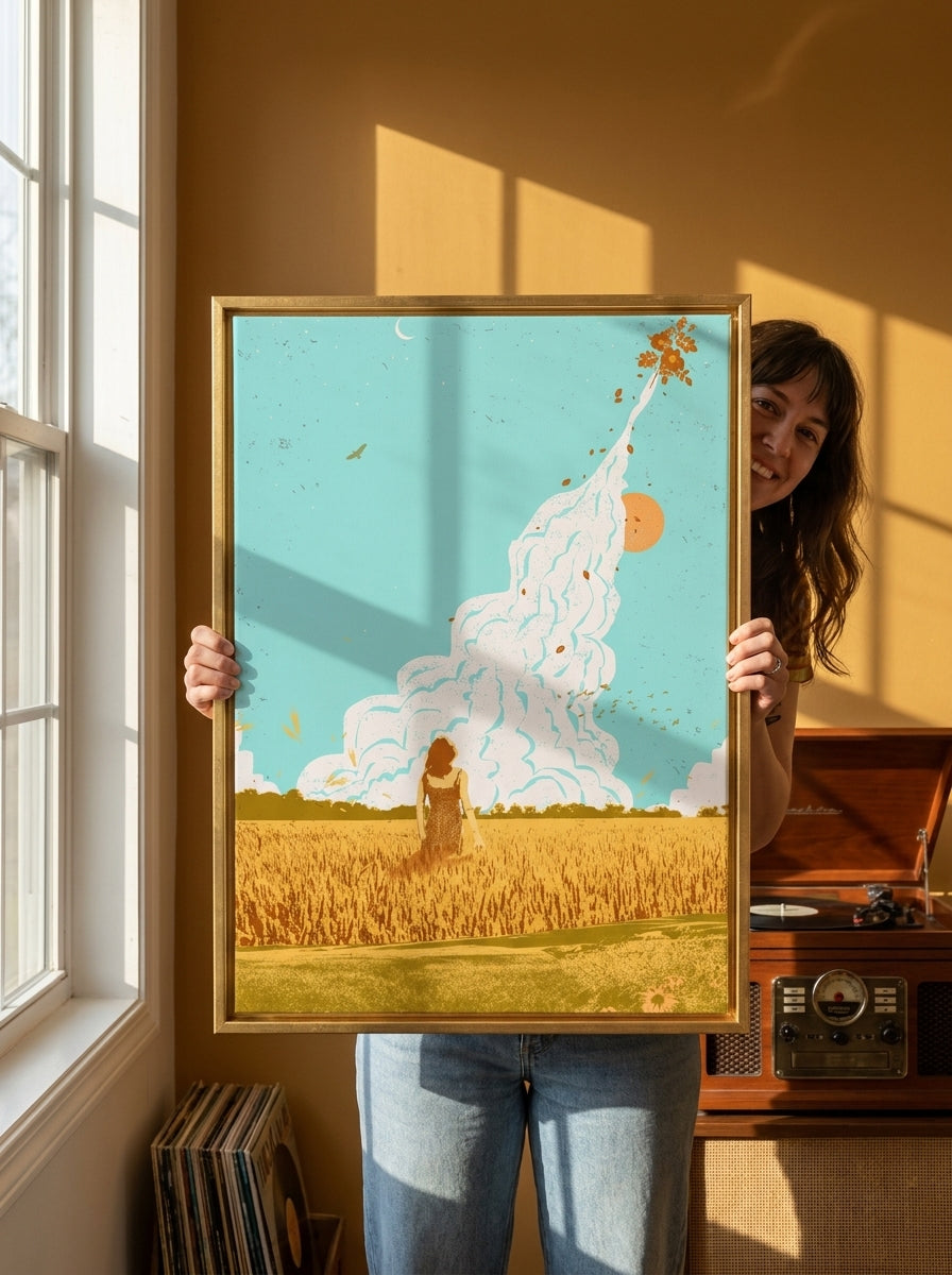 Person holding canvas wall art with a gold leaf surround in a retro 70s living room