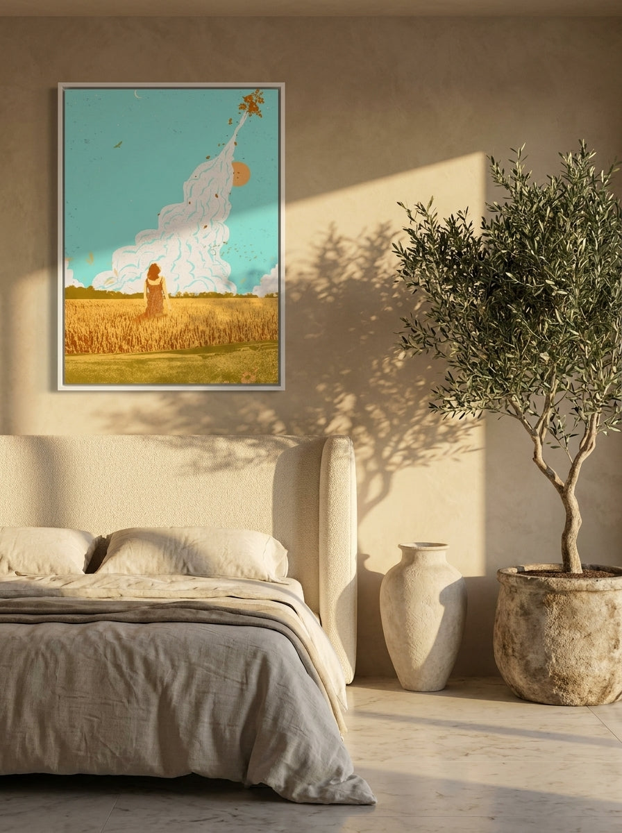Canvas wall art with a white surround styled on the wall in a luxe bedroom