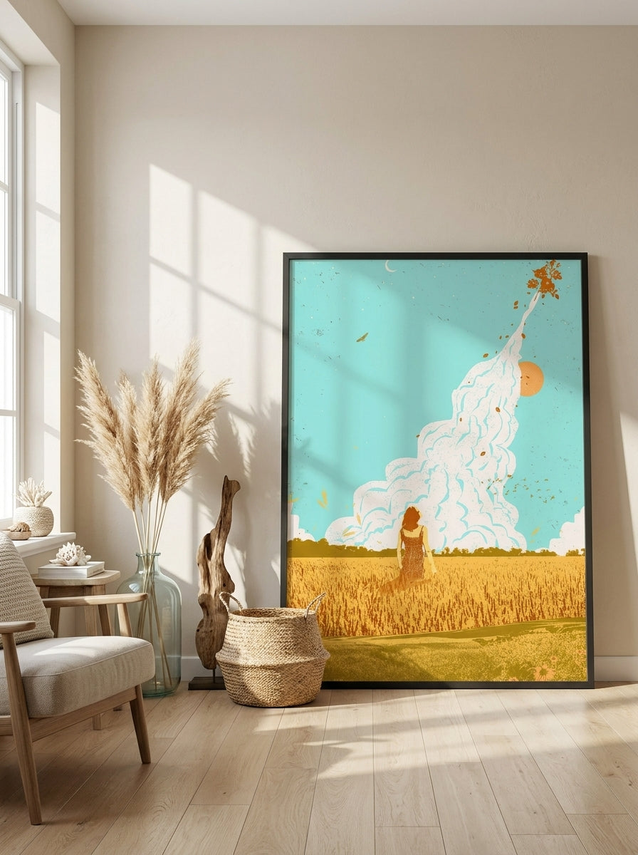 Oversized statement modern wall art print leaning against the wall in a coastal living room