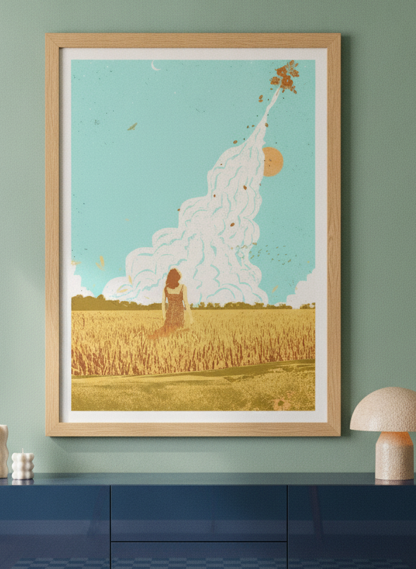 Modern wall art print styled on the wall in a colourful eclectic living room