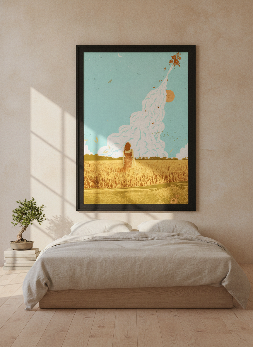 Oversized statement modern wall art print styled on the wall in a warm Japandi bedroom