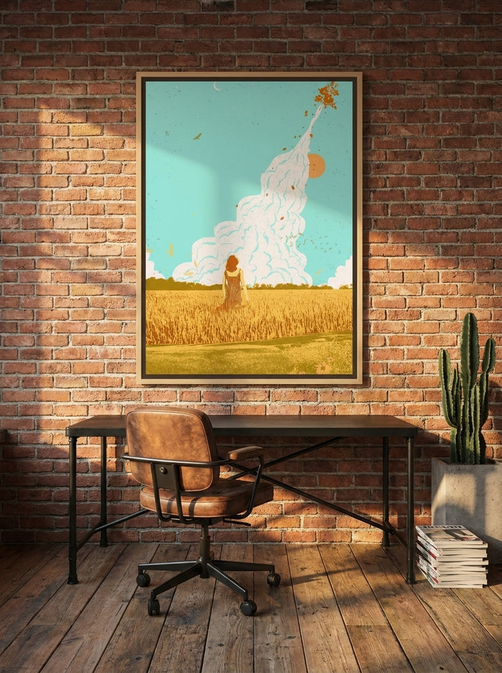 Canvas wall art with a natural timber surround styled on the wall in an industrial loft home office