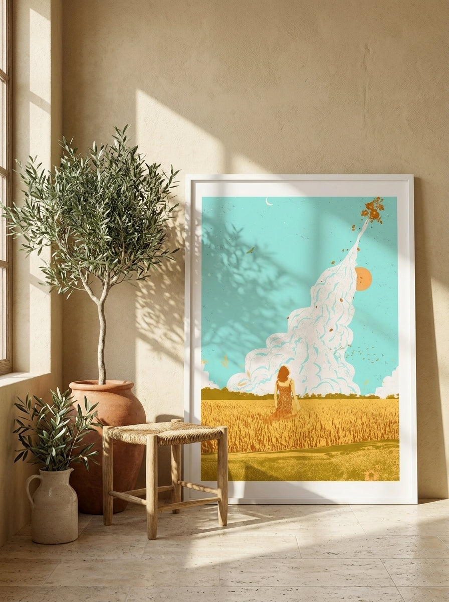 Modern wall art print leaning against the wall in a Mediterranean bedroom