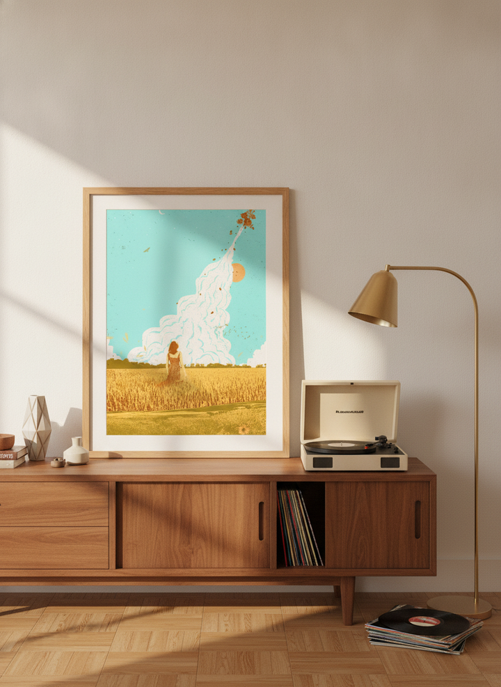 Modern wall art print standing on a sideboard in a mid-century home office