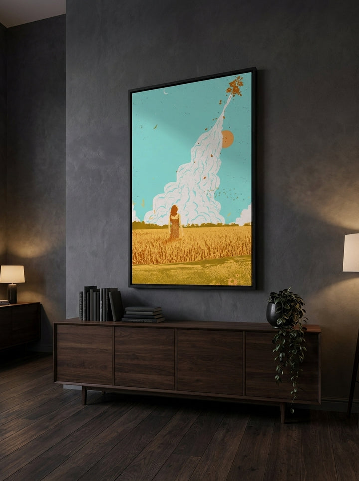 Oversized statement canvas wall art with a black surround styled on the wall in a moody living room