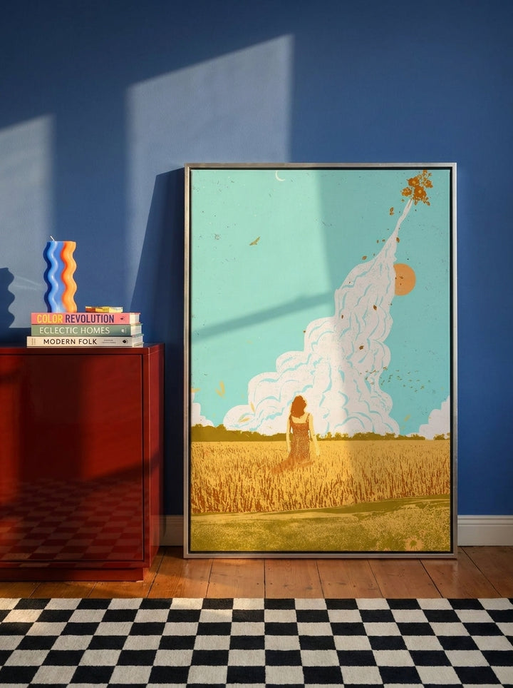 Canvas wall art with a silver leaf surround standing on a sideboard in a colourful eclectic home office