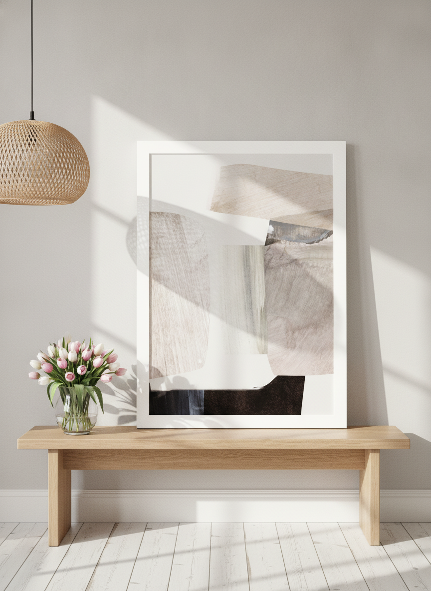 Modern wall art print standing on a bench in a bright Scandinavian home office