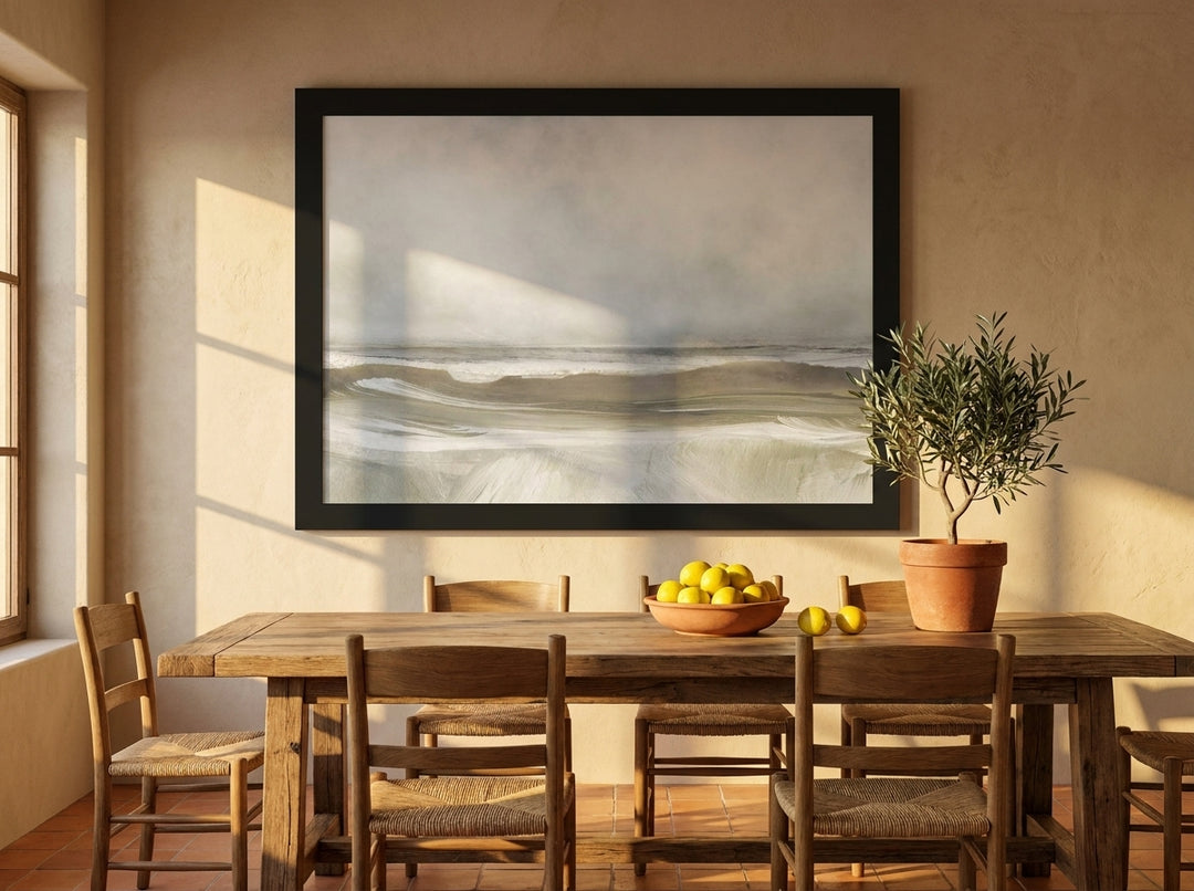 Oversized statement modern wall art print styled on the wall in a Mediterranean dining room