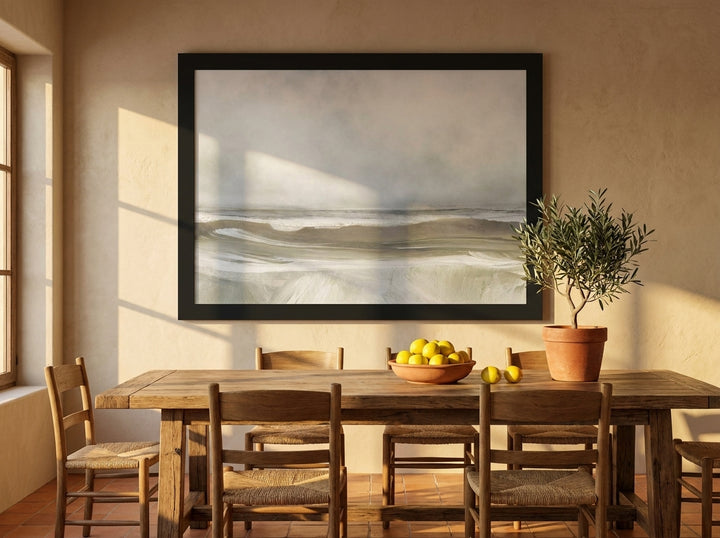 Oversized statement modern wall art print styled on the wall in a Mediterranean dining room