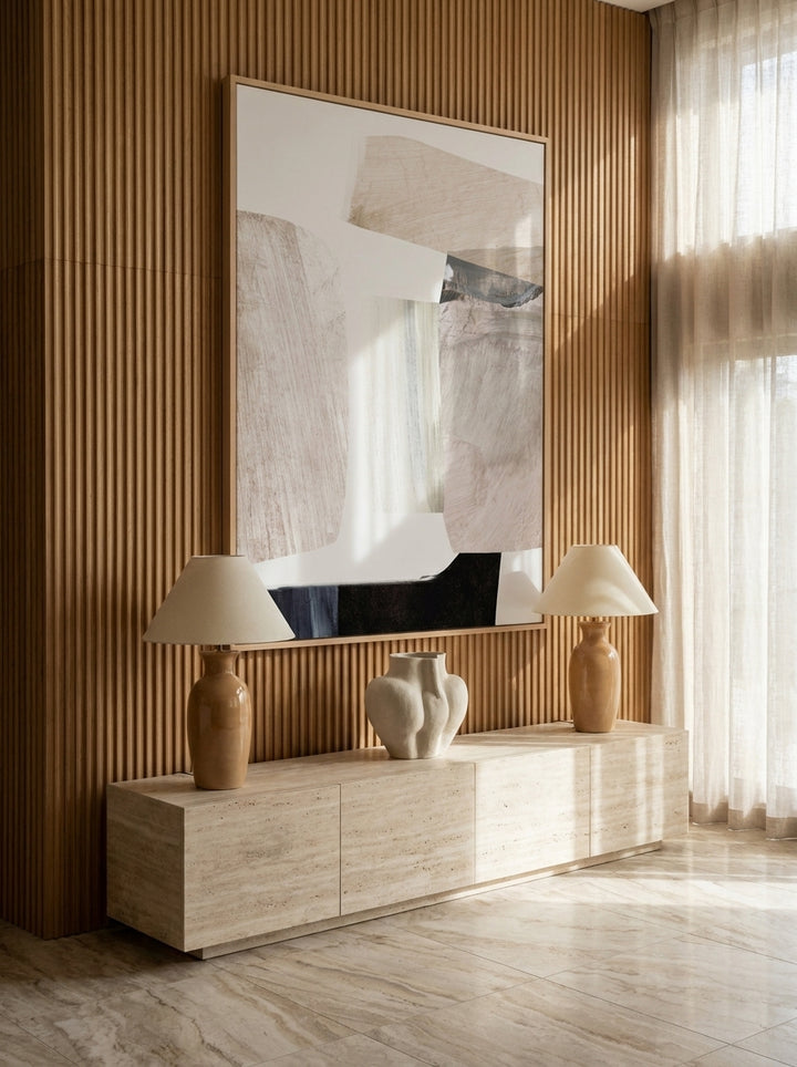 Oversized statement modern wall art print styled on the wall in a luxe living room