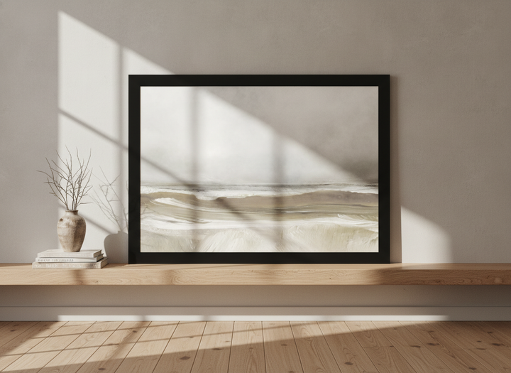 Modern wall art print standing on a shelf in a warm Japandi bedroom