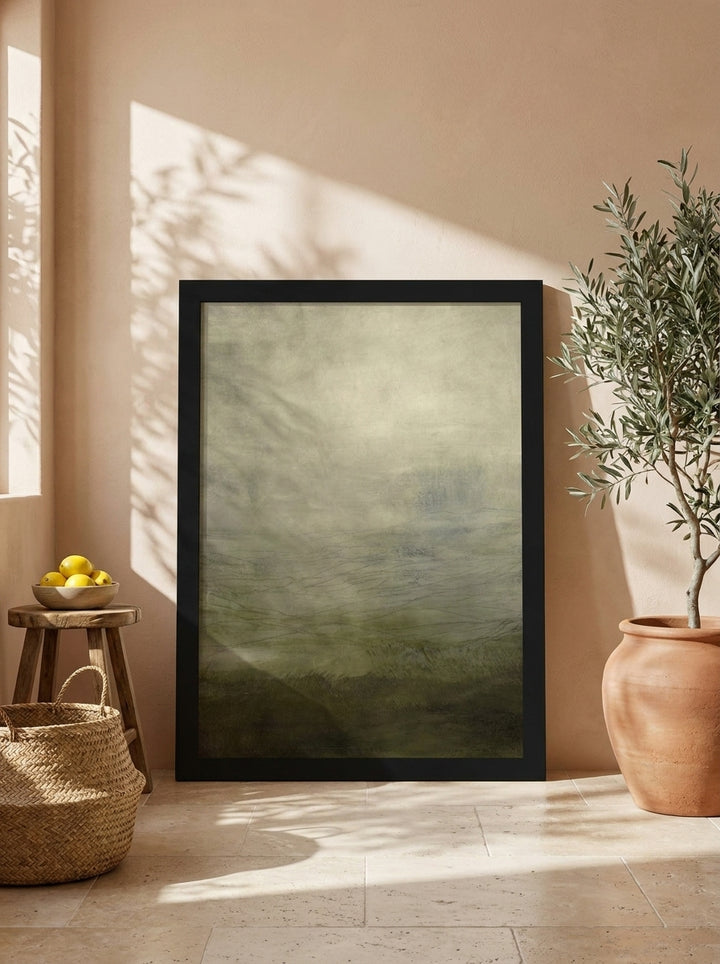Modern wall art print leaning against the wall in a Mediterranean living room