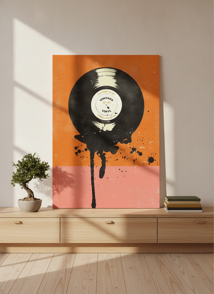 Stretched canvas wall art standing on a sideboard in a warm Japandi living room