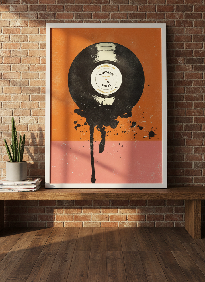 Modern wall art print standing on a bench in an industrial loft home office