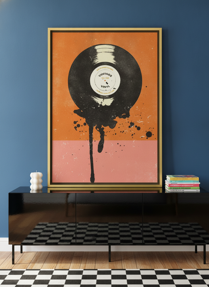 Canvas wall art with a gold leaf surround standing on a sideboard in a colourful eclectic living room