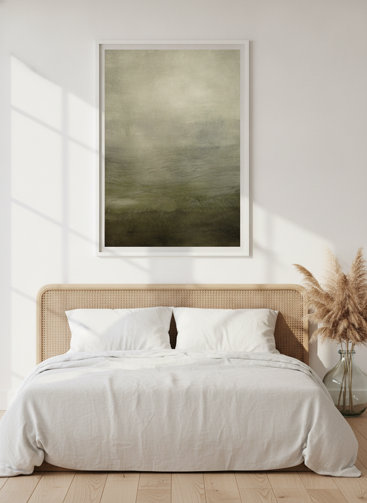 Modern wall art print styled on the wall in a coastal bedroom