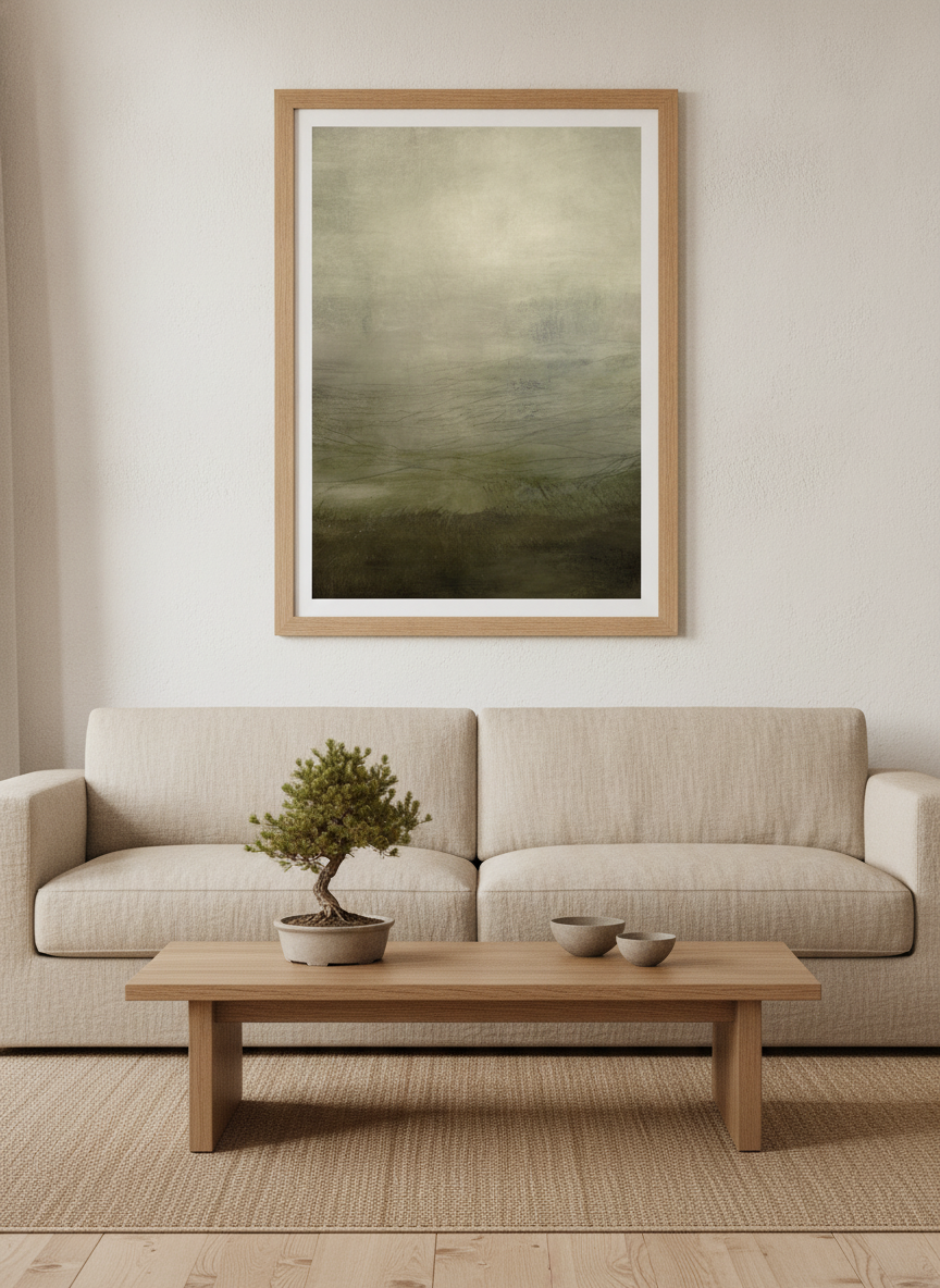 Modern wall art print styled on the wall in a warm Japandi living room