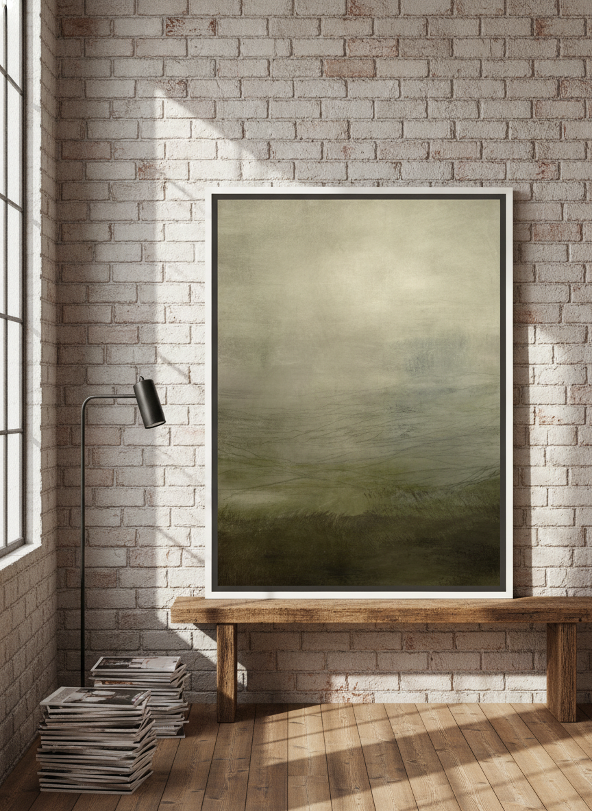 Canvas wall art with a white surround standing on a bench in an industrial loft bedroom