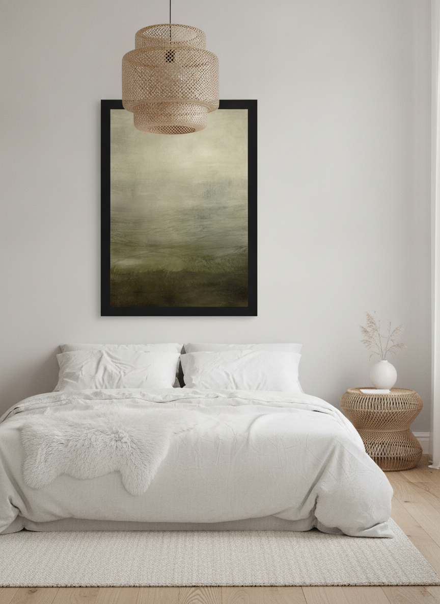 Oversized statement modern wall art print styled on the wall in a bright Scandinavian bedroom
