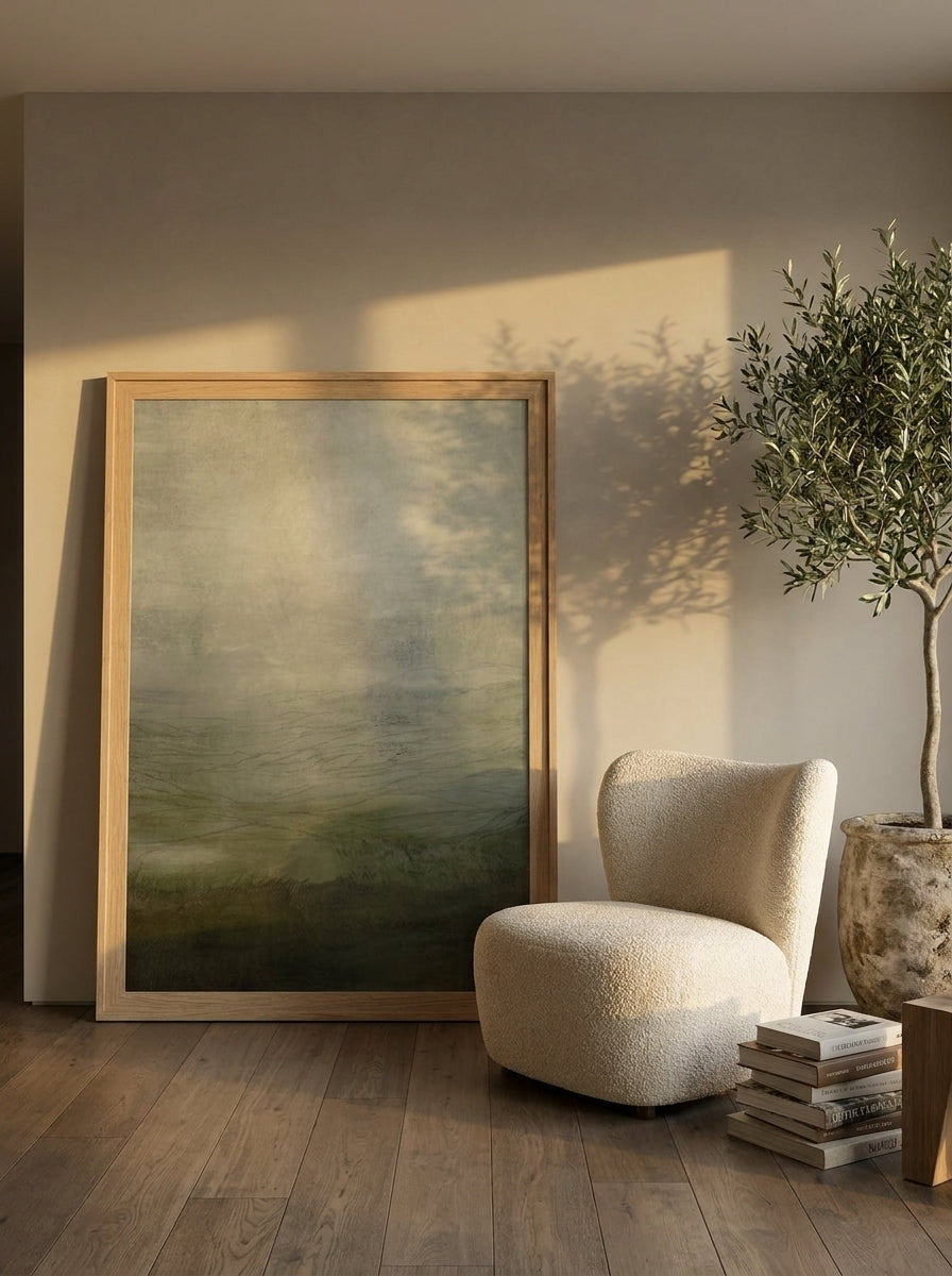Oversized statement modern wall art print leaning against the wall in a luxe living room