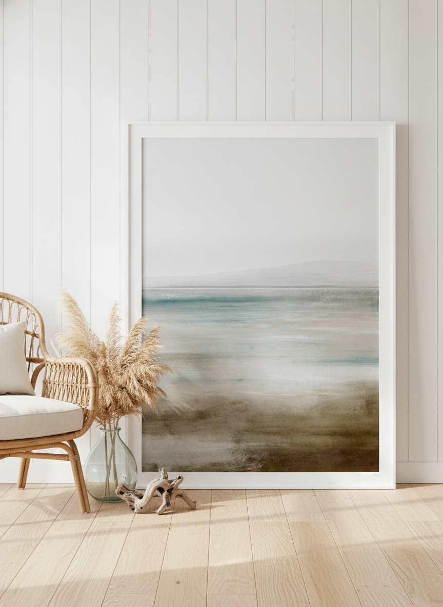 Oversized statement modern wall art print leaning against the wall in a coastal living room