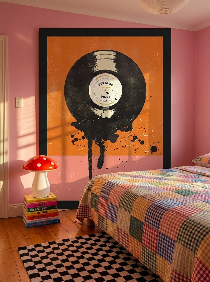 Modern wall art print styled on the wall in a colourful eclectic bedroom
