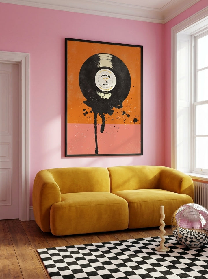 Oversized statement modern wall art print styled on the wall in a colourful eclectic living room