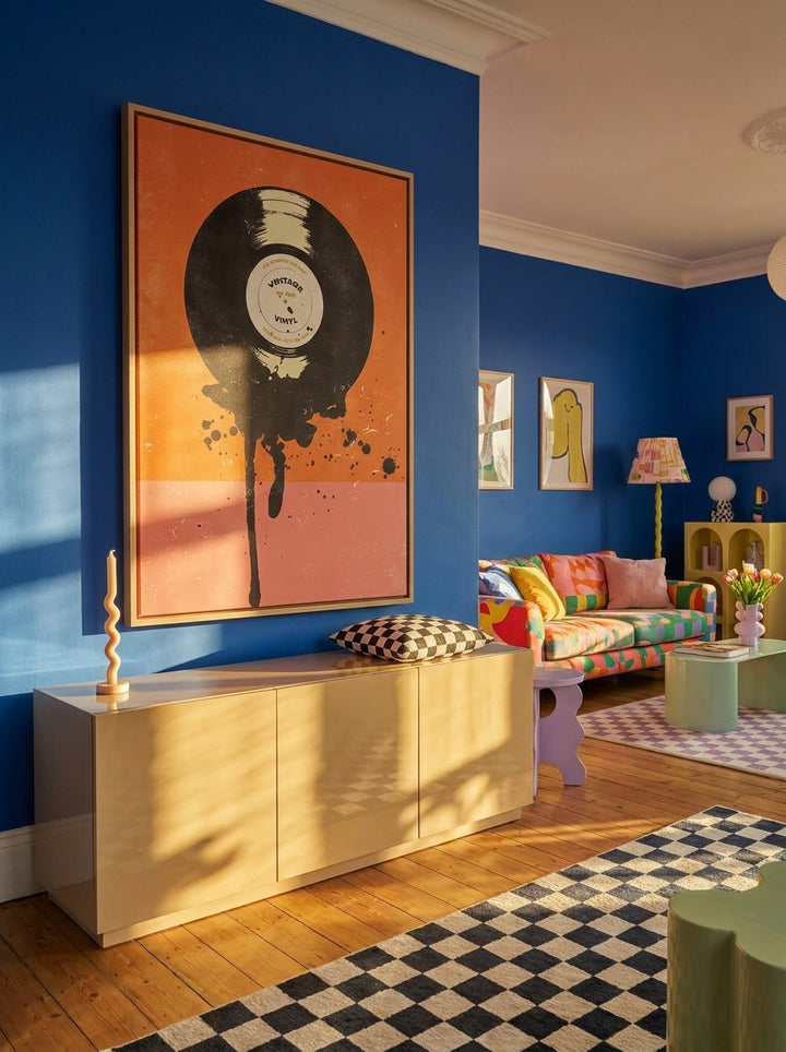 Oversized statement canvas wall art with a natural timber surround styled on the wall in a colourful eclectic living room