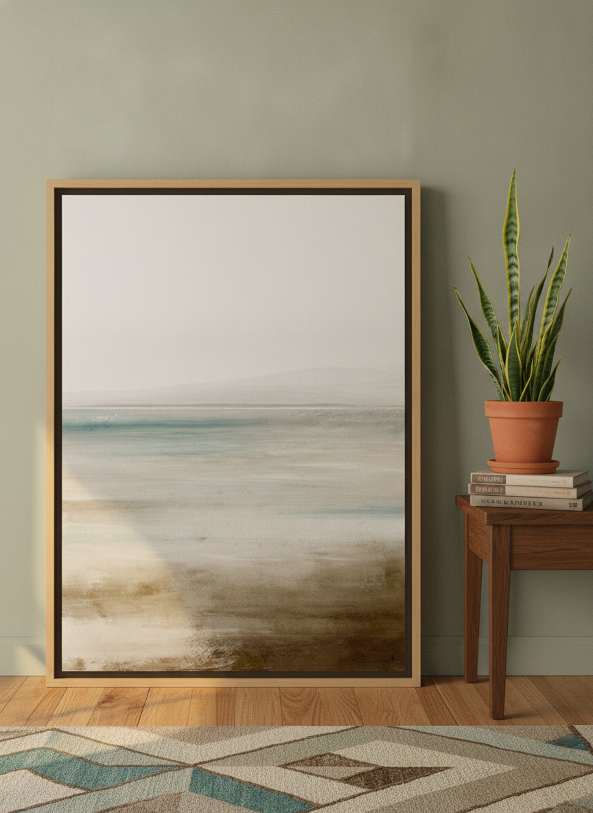 Canvas wall art with a natural timber surround leaning against the wall in a mid-century home office