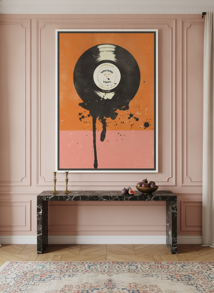 Oversized statement canvas wall art with a white surround styled on the wall in a Parisian living room