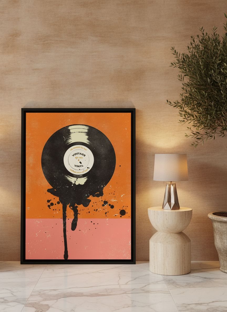 Canvas wall art with a black surround leaning against the wall in a luxe home office