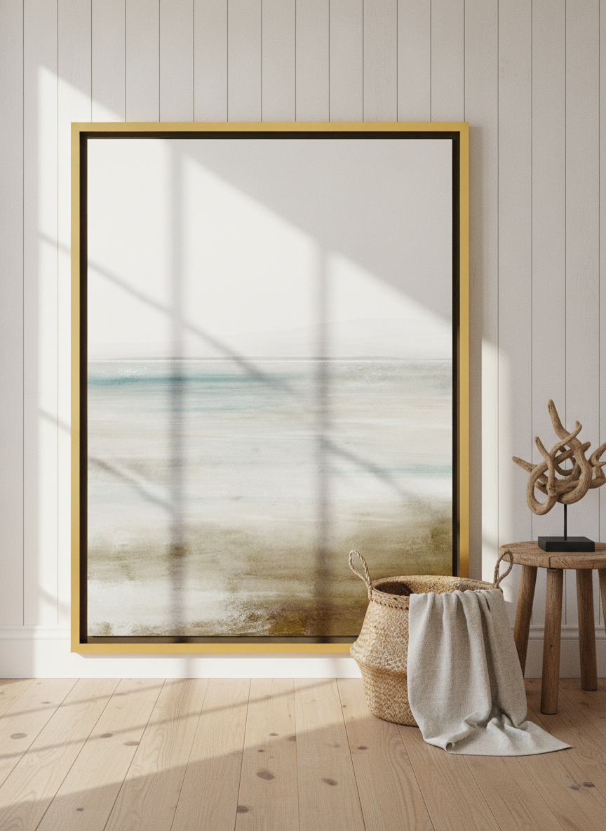 Oversized statement canvas wall art with a gold leaf surround leaning against the wall in a coastal bedroom