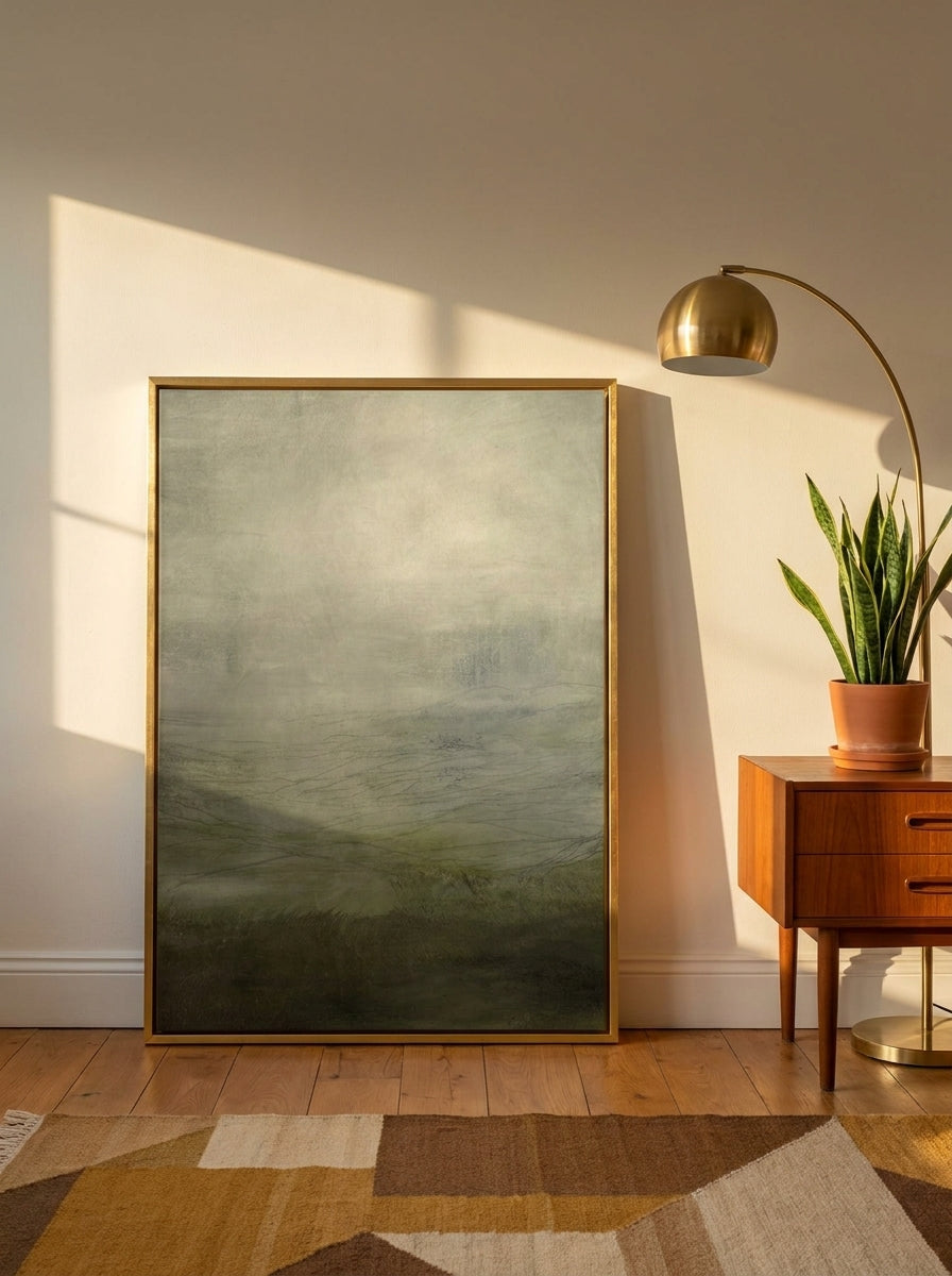 Canvas wall art with a gold leaf surround leaning against the wall in a mid-century home office