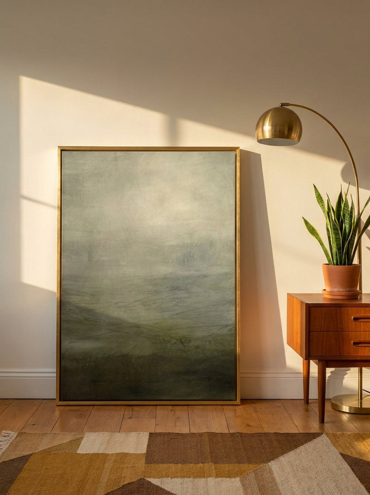 Canvas wall art with a gold leaf surround leaning against the wall in a mid-century home office