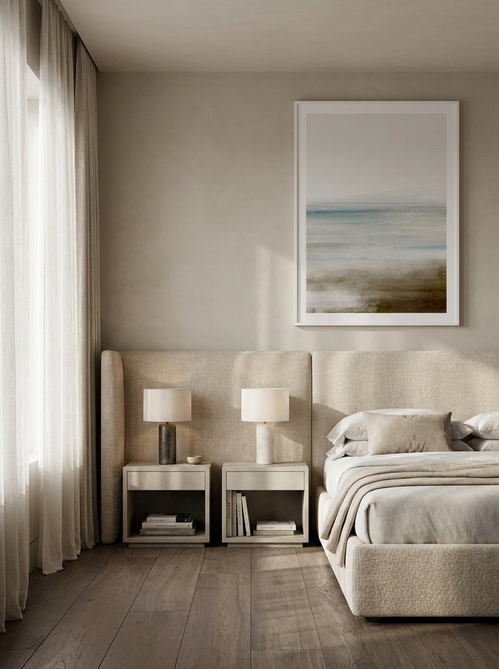 Modern wall art print styled on the wall in a luxe bedroom