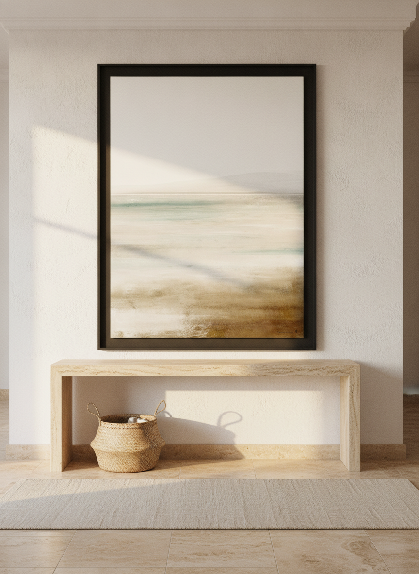 Oversized statement modern wall art print styled on the wall in a Mediterranean living room