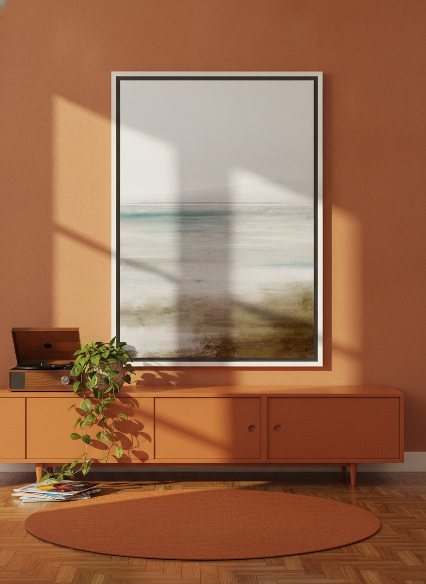 Canvas wall art with a white surround standing on a sideboard in a retro 70s bedroom